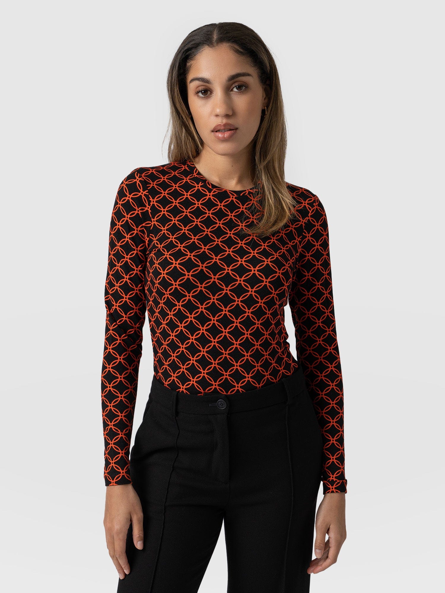 Austen Crew Neck Long Sleeve Tee - Orange Mosaic Geo